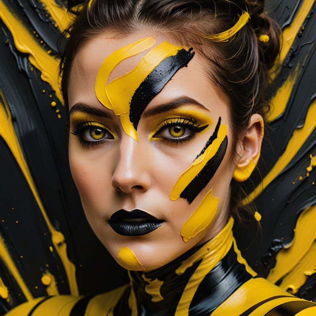 Vibrant Abstract Portrait of Woman with Yellow and Black Mak...