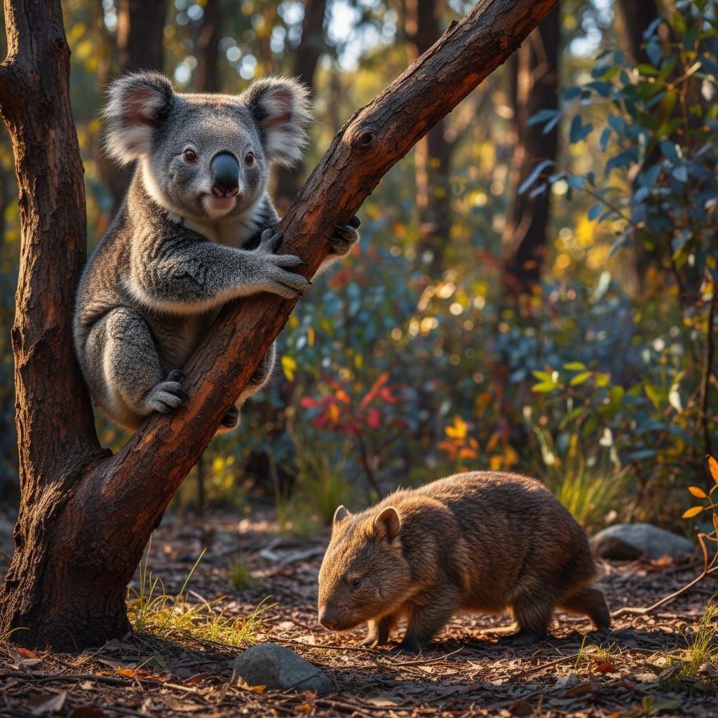 Koala Watches Wombat From Tree In Photorealistic Style