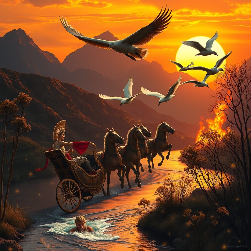 Surreal Sunset of Mythic Proportions with Feathered Wings an...