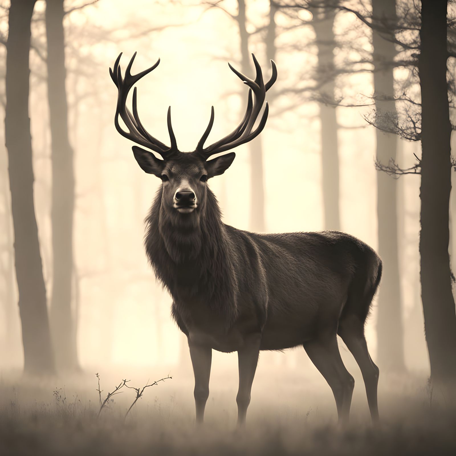 Majestic Stag Silhouette in Golden Morning Mist