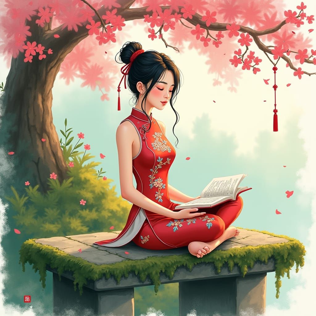 Asian Woman Reading: Serene Watercolor Illustration