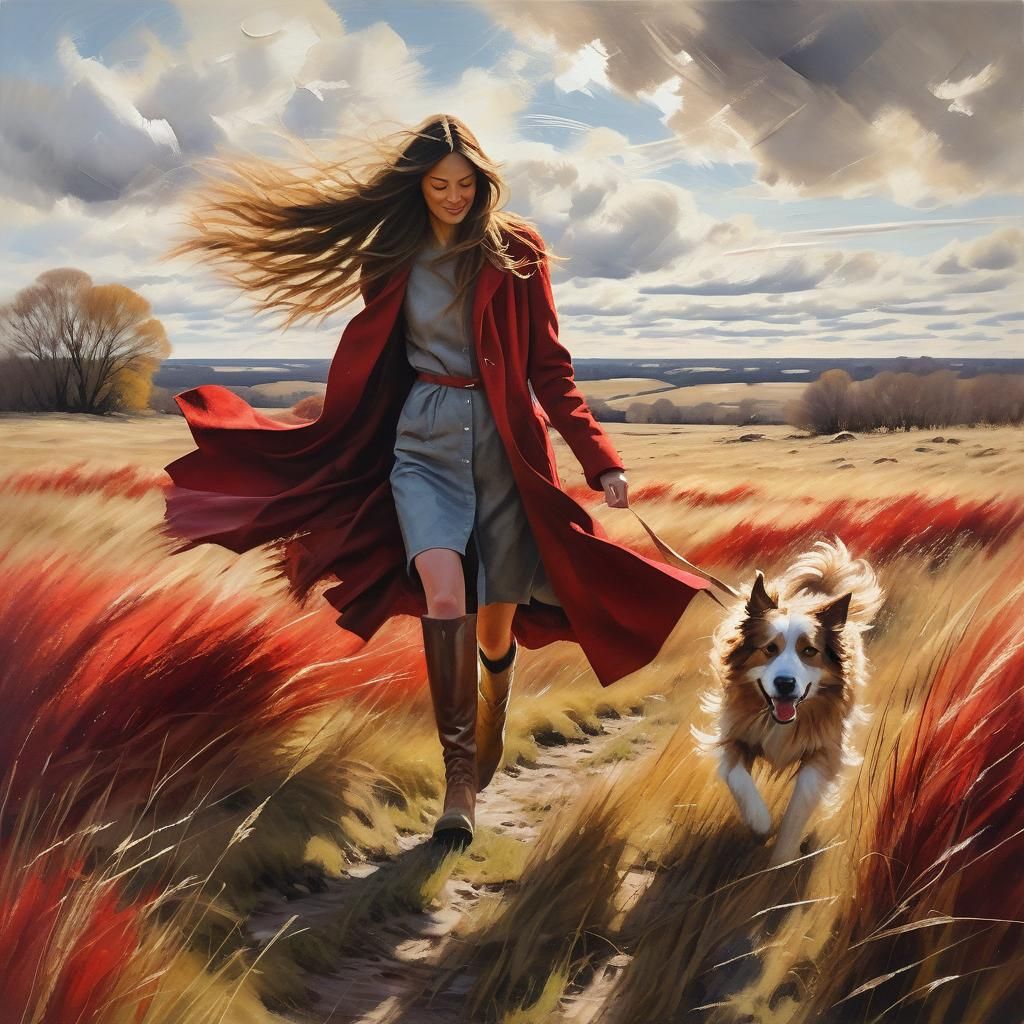 Windswept Woman in Impressionist Landscape Painting