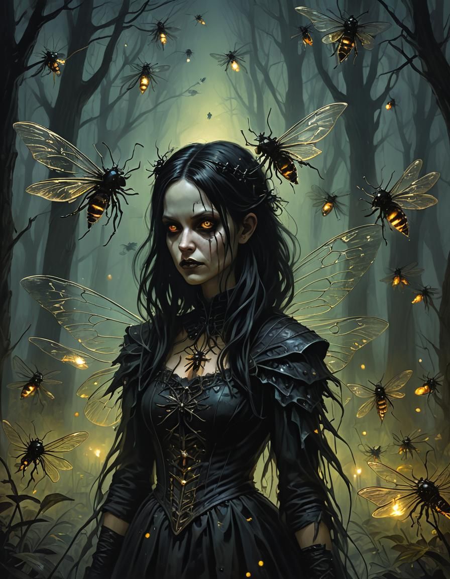Dark Gothic Fairy Horror with Fireflies