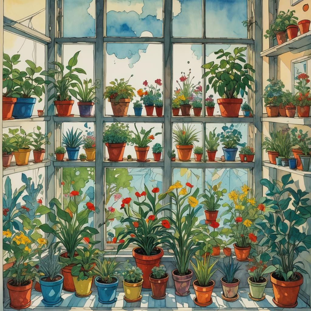 Biopunk Music Plants in Window: Comic Art Style