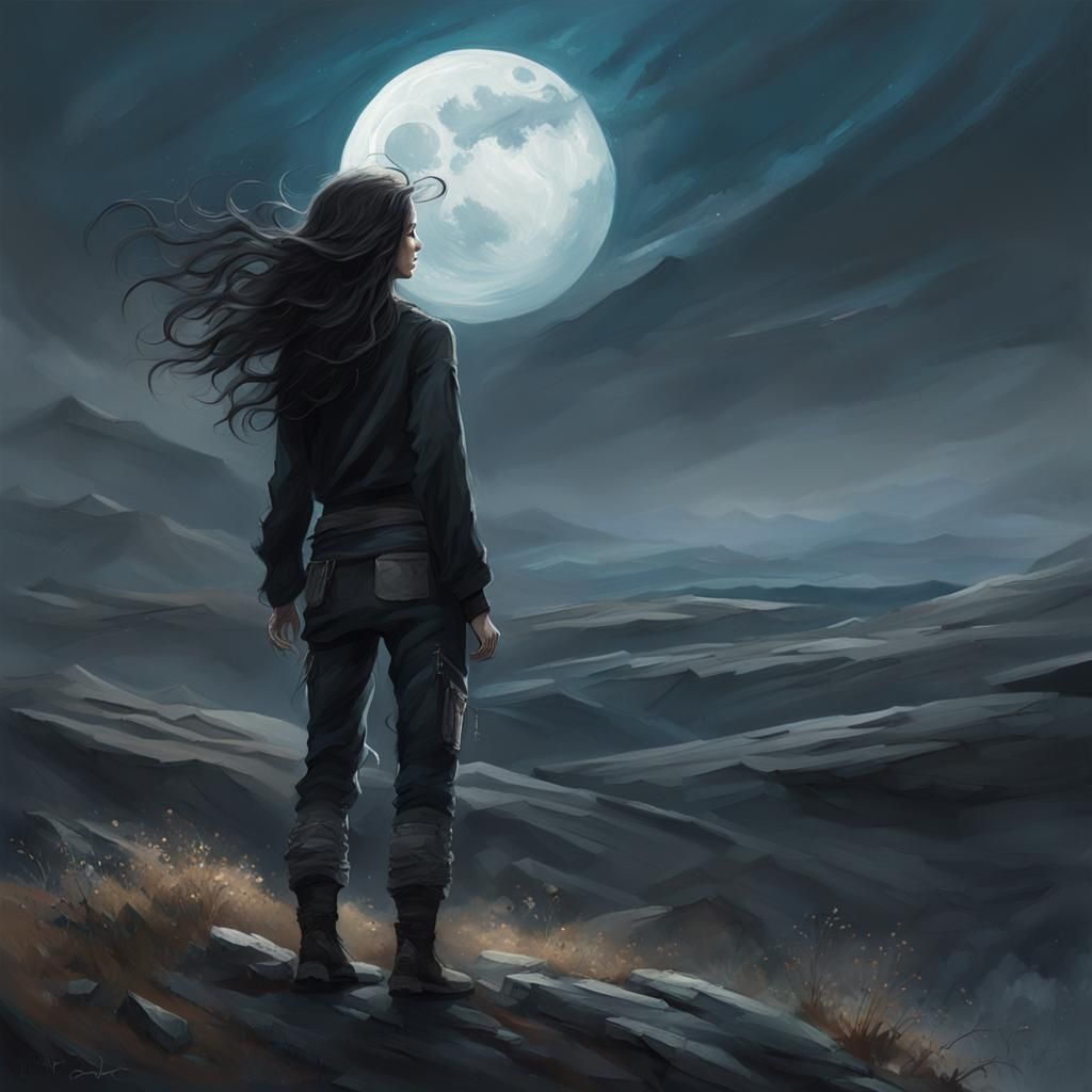 Mystical Landscape with Girl in Dark Fantasy Style