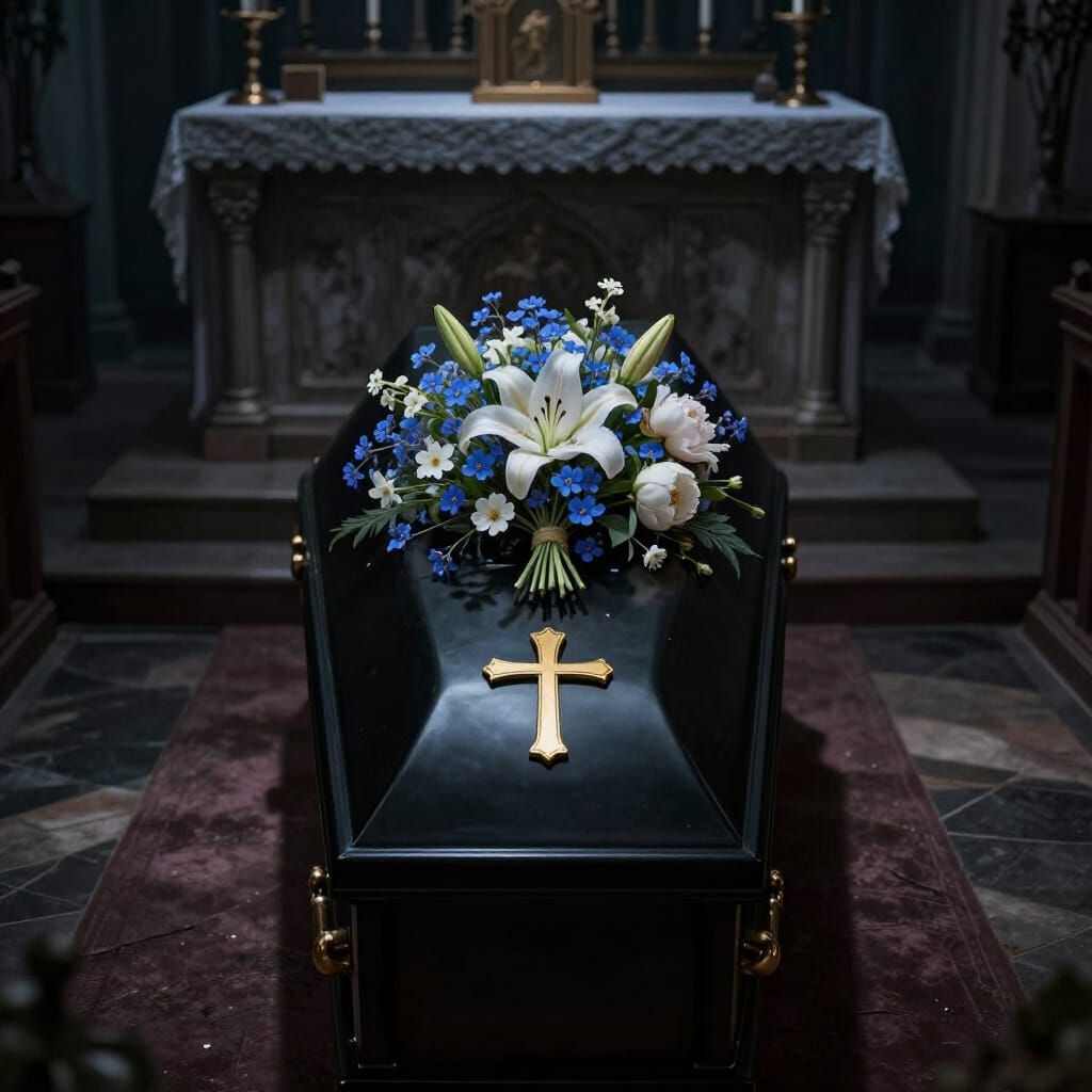 Gothic Funeral Flowers on Coffin in Church
