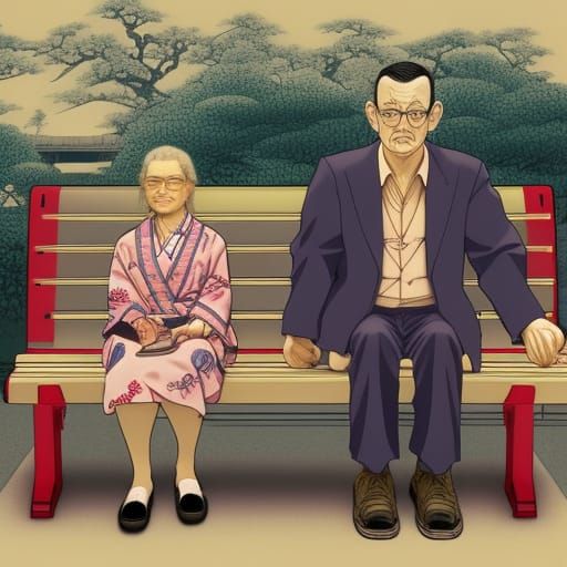 Man and Woman at Bus Stop in Anime Style