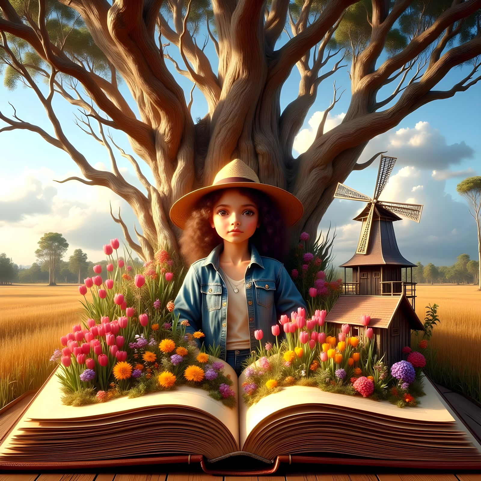 Australian Girl Surrounded by Wildflowers and Dutch Landscap...