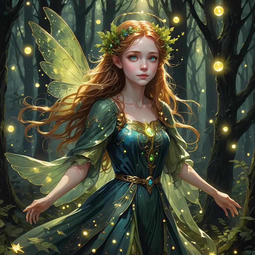 Hazel-haired Fairy in Evergreen Dress