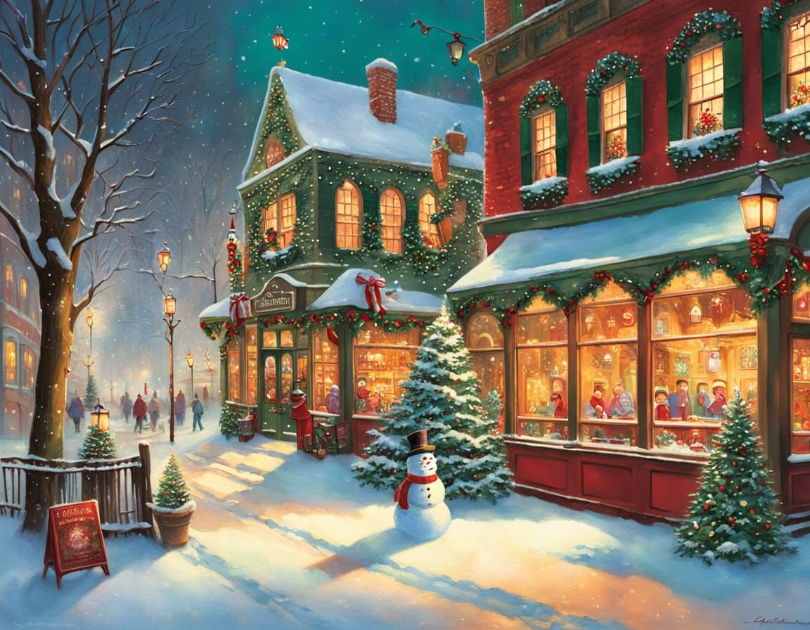 Festive Christmas Scene with Snowman and Cafe