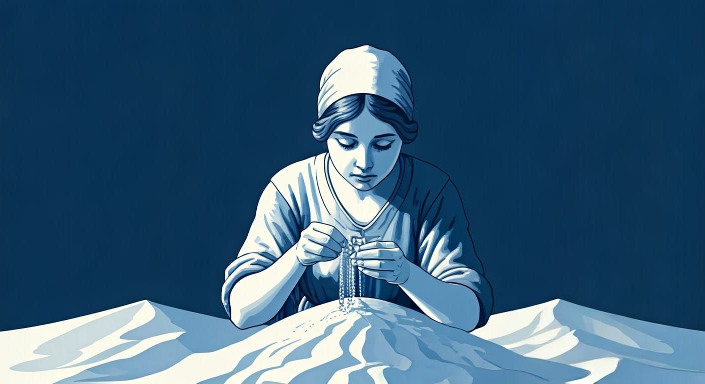Woman Counting Sand: Surreal Art Nouveau Poster