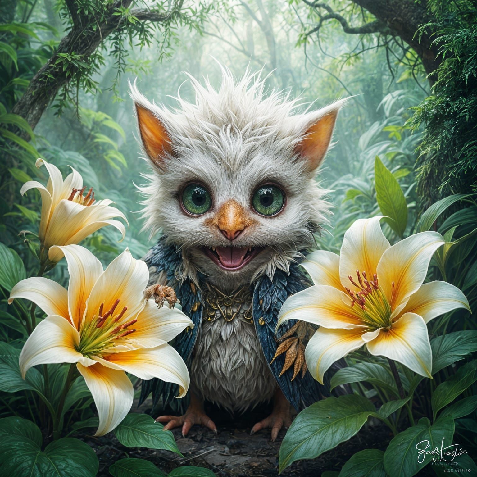 Punk Hatchling in Luminous Grove, Oil Pastel Art