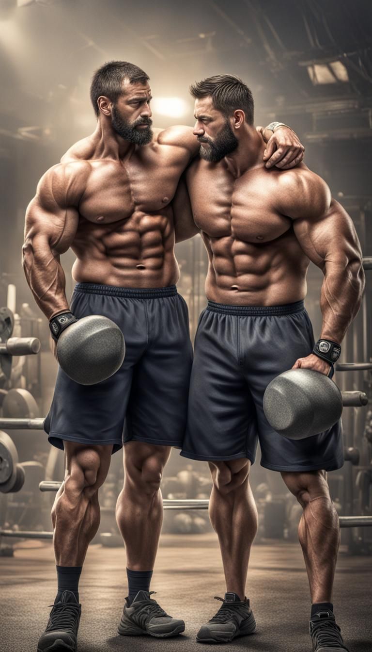 Photorealistic Image of Two Muscular Men Hugging