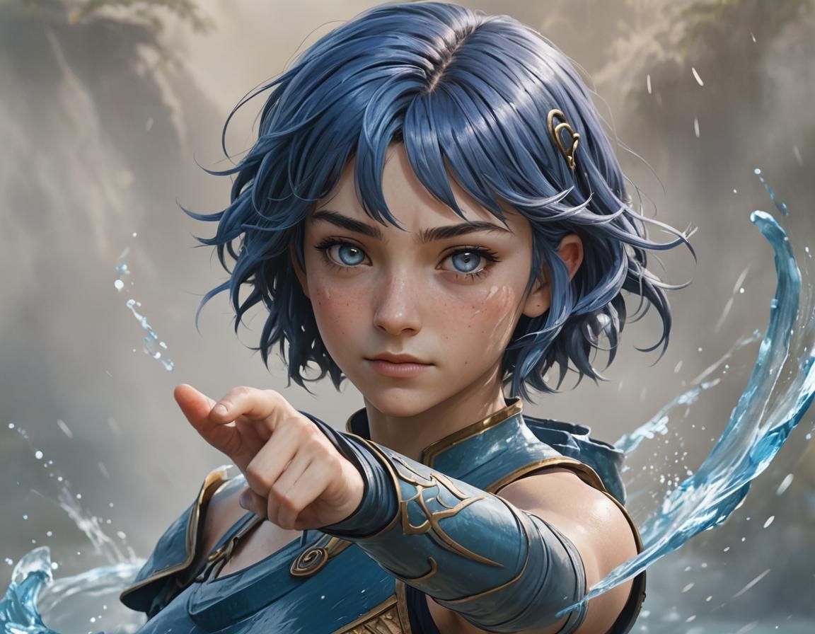 Blue-Haired Waterbender in Realistic Fantasy Portrait