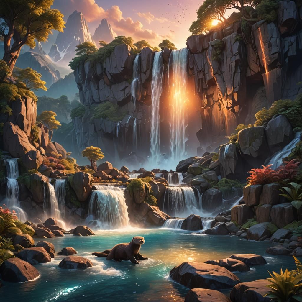 Crystal Otters at Sunset Waterfall: Detailed Matte Painting