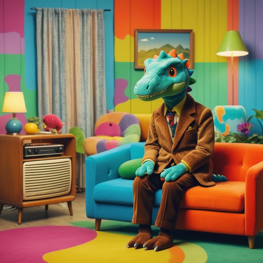 Vintage Plush Dinosaur in Groovy Lounge