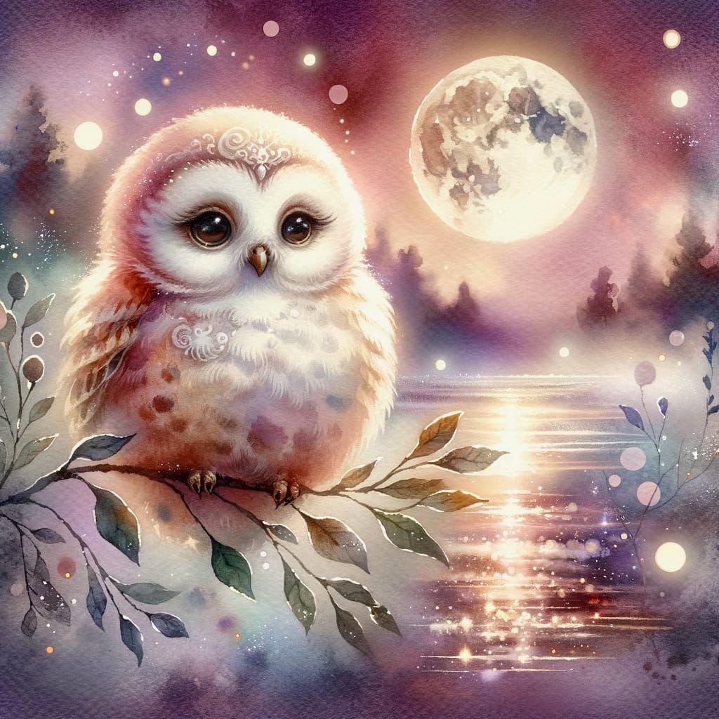 Moonlit Watercolour Owl Perched on a Lake