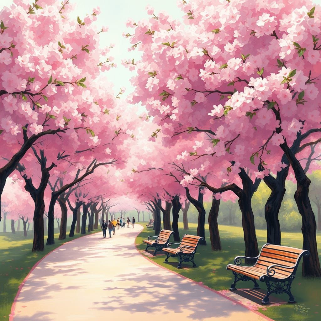 Impressionistic Cherry Blossom Pathway in Vibrant Color