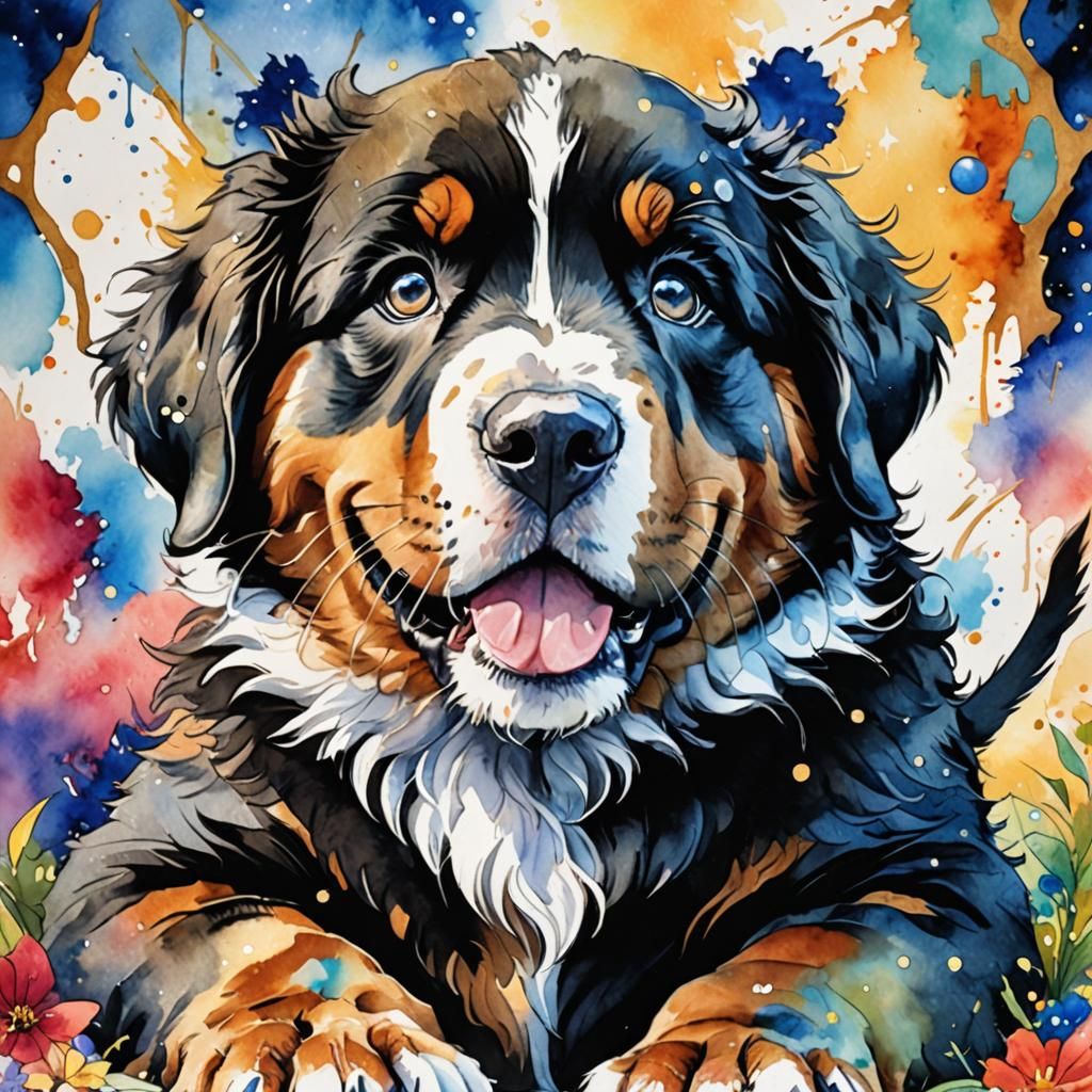 Cute Bernese Puppy: Anime Watercolor Art