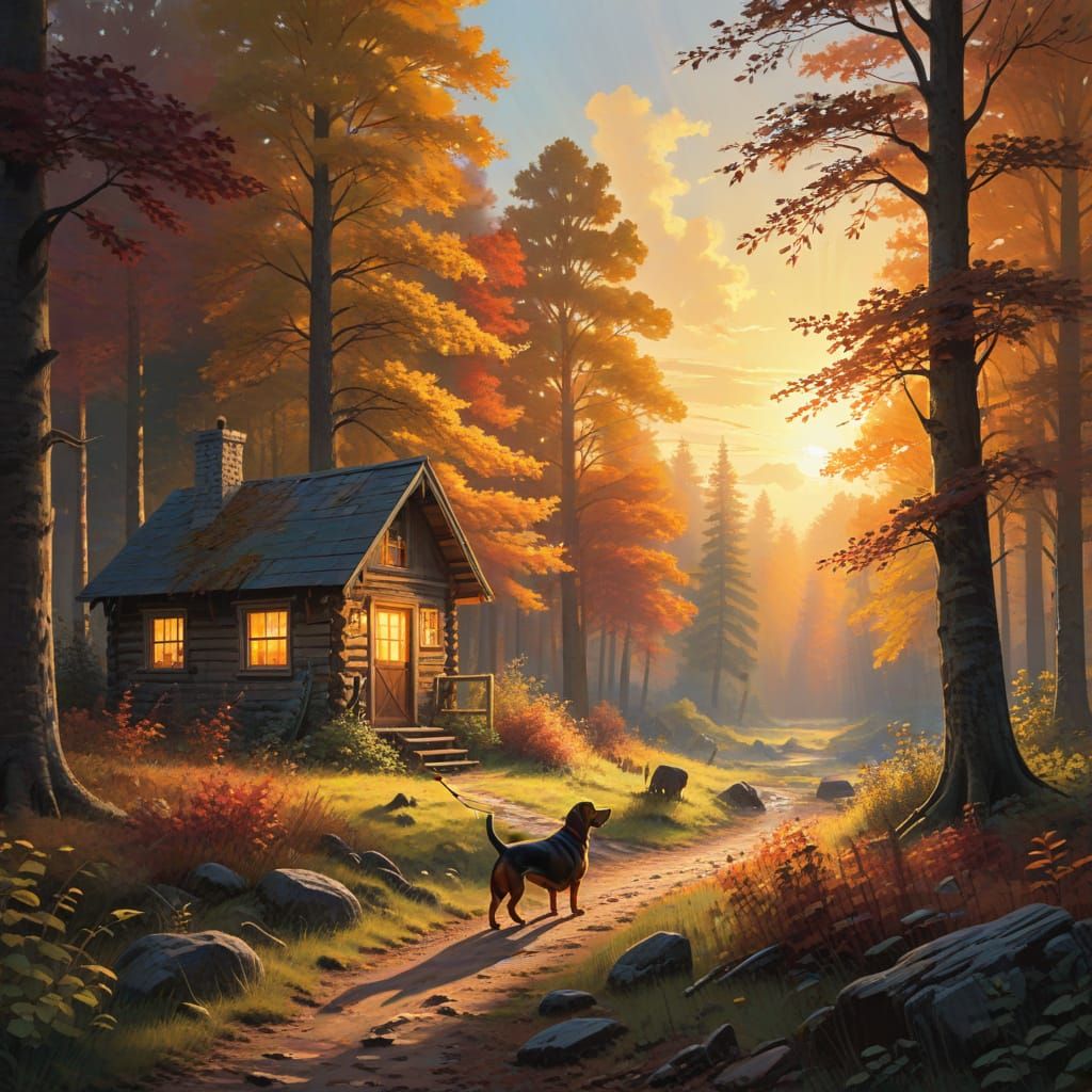 Hunter and Dachshund at Cabin in Impressionist Style