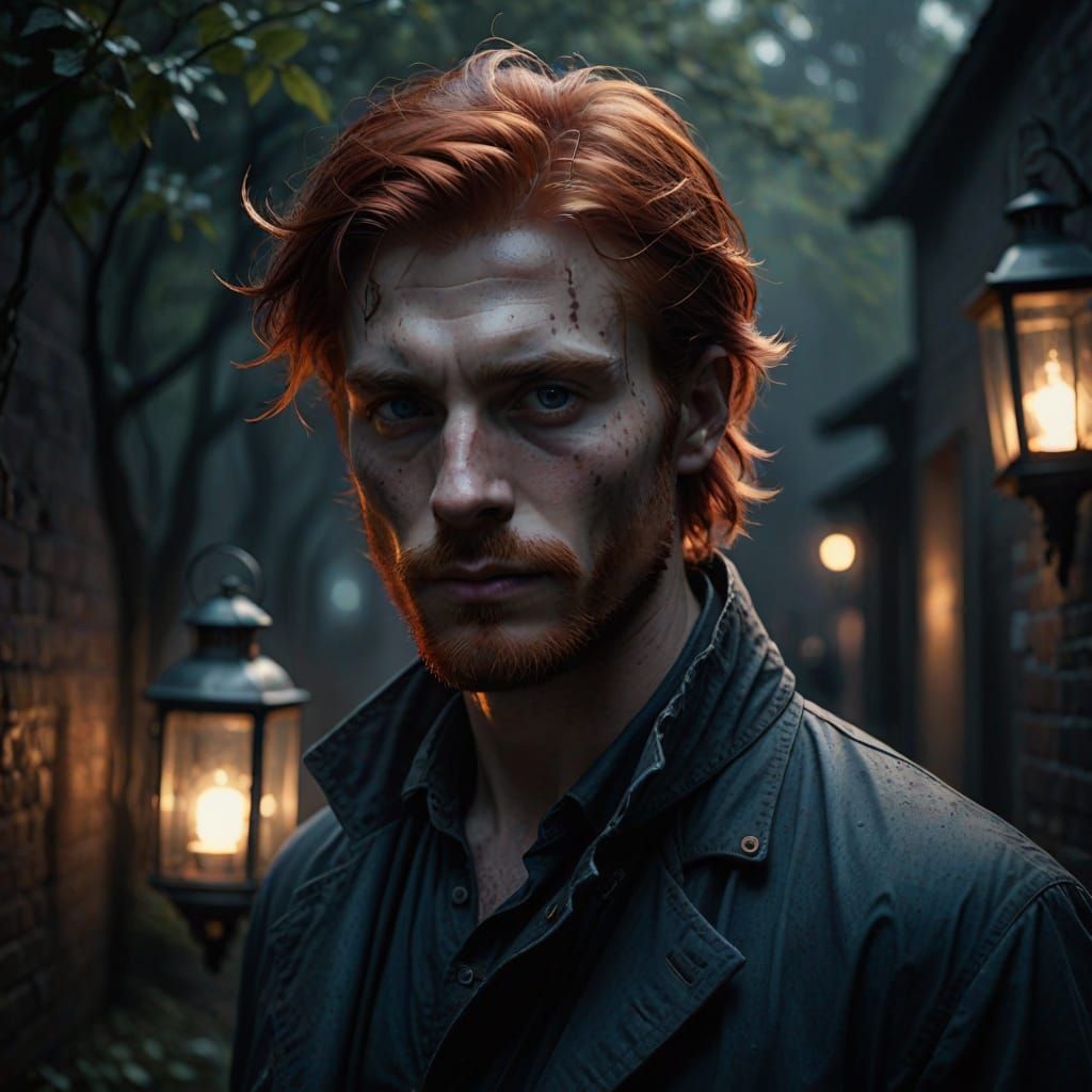 Ethereal Man in Dark, Misty Landscape