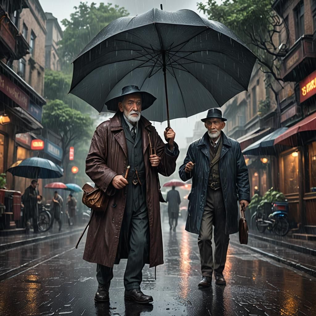 Old Man in Rainy Fantasy Landscape