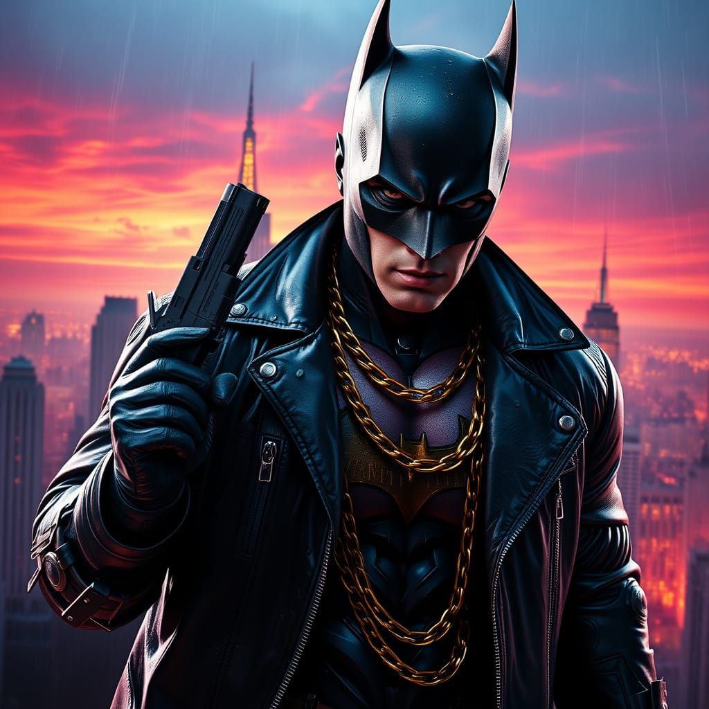 Dark Knight in Gilded Leather Jacket, Gotham City Sunset