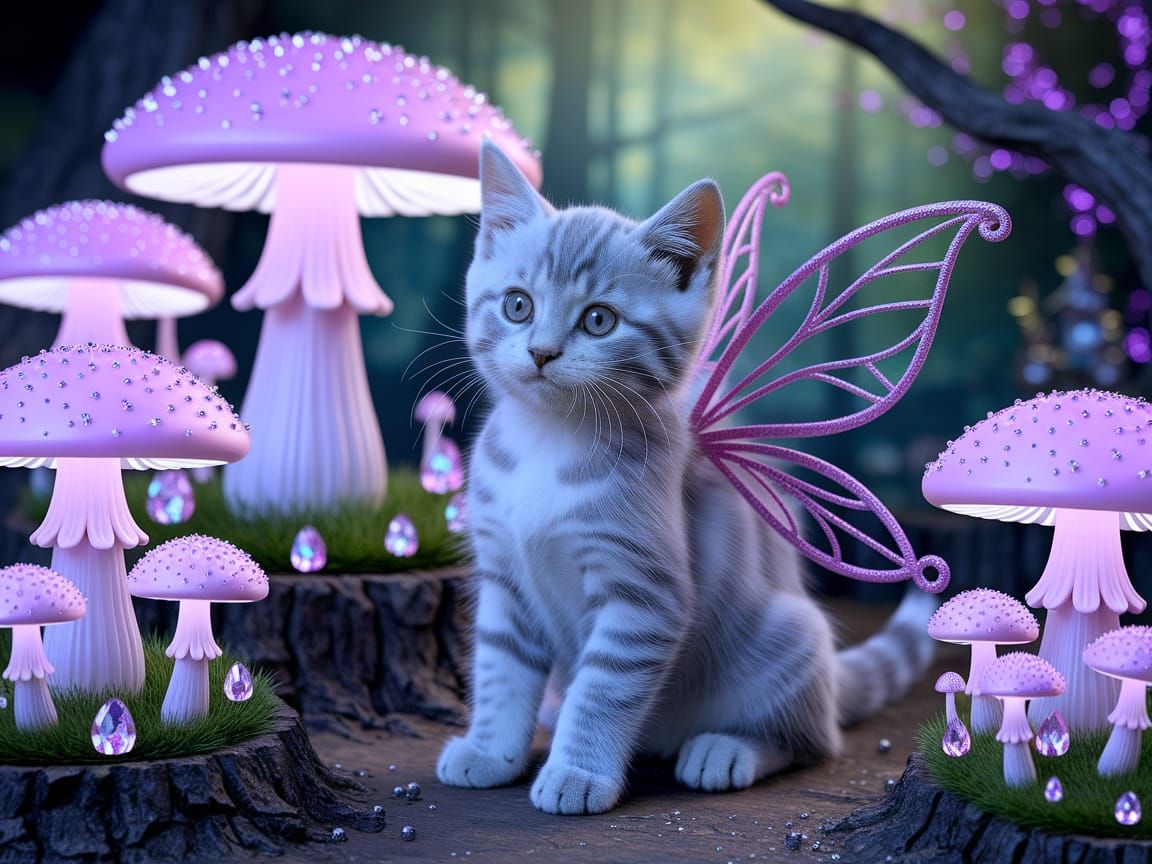 Mystical Fantasy Kitten in Enchanted Forest