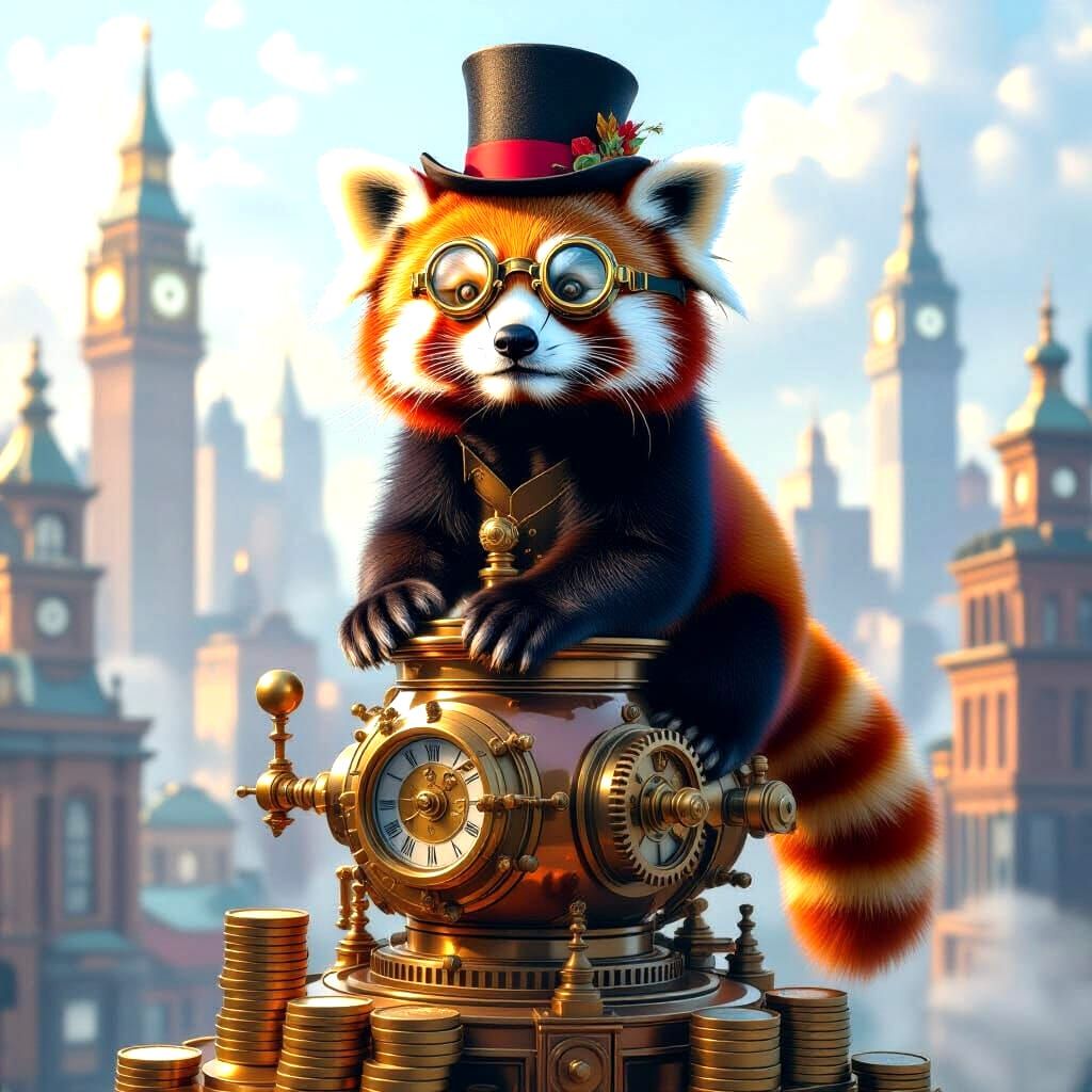 Red Panda in Top Hat on Clockwork Butler Automaton
