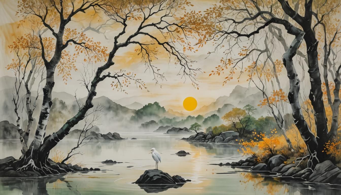 Ethereal Sunrise: Figure by Birch Tree in Japanese Ink