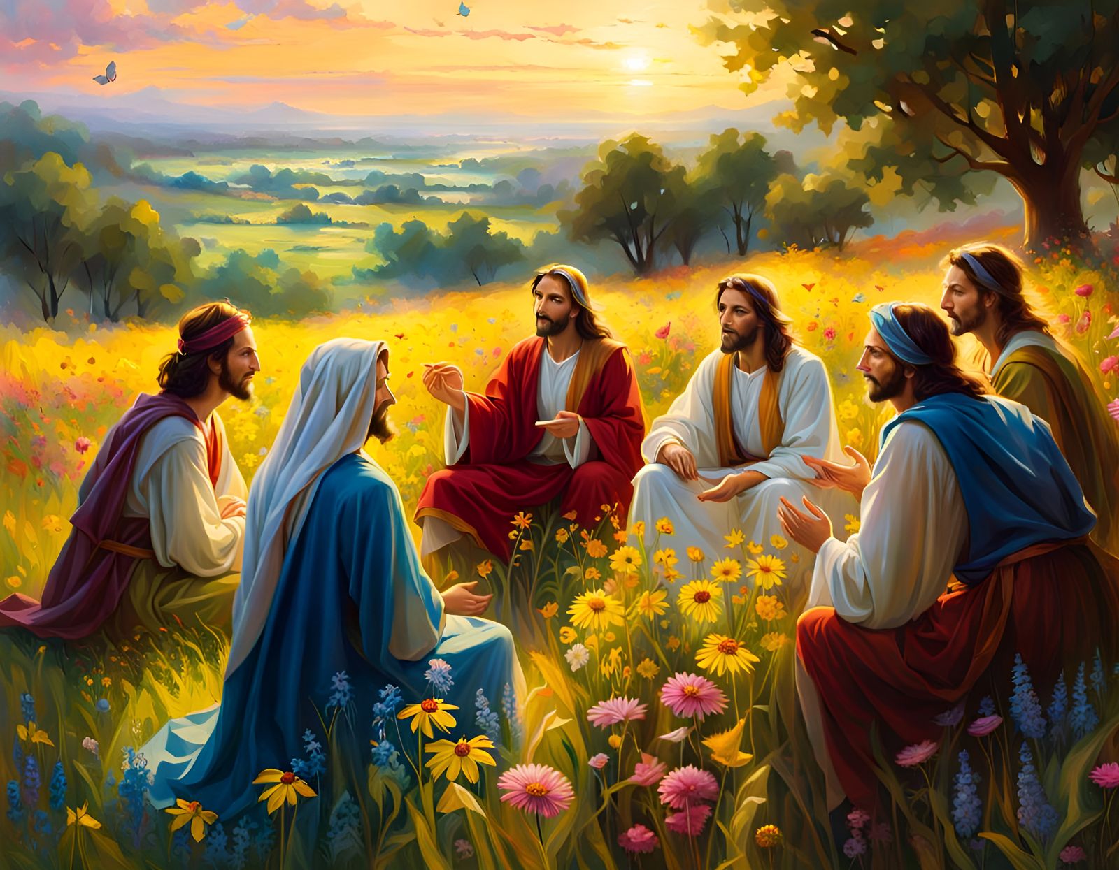 Jesus Teaching Disciples in Meadow: Stylized Oil Painting