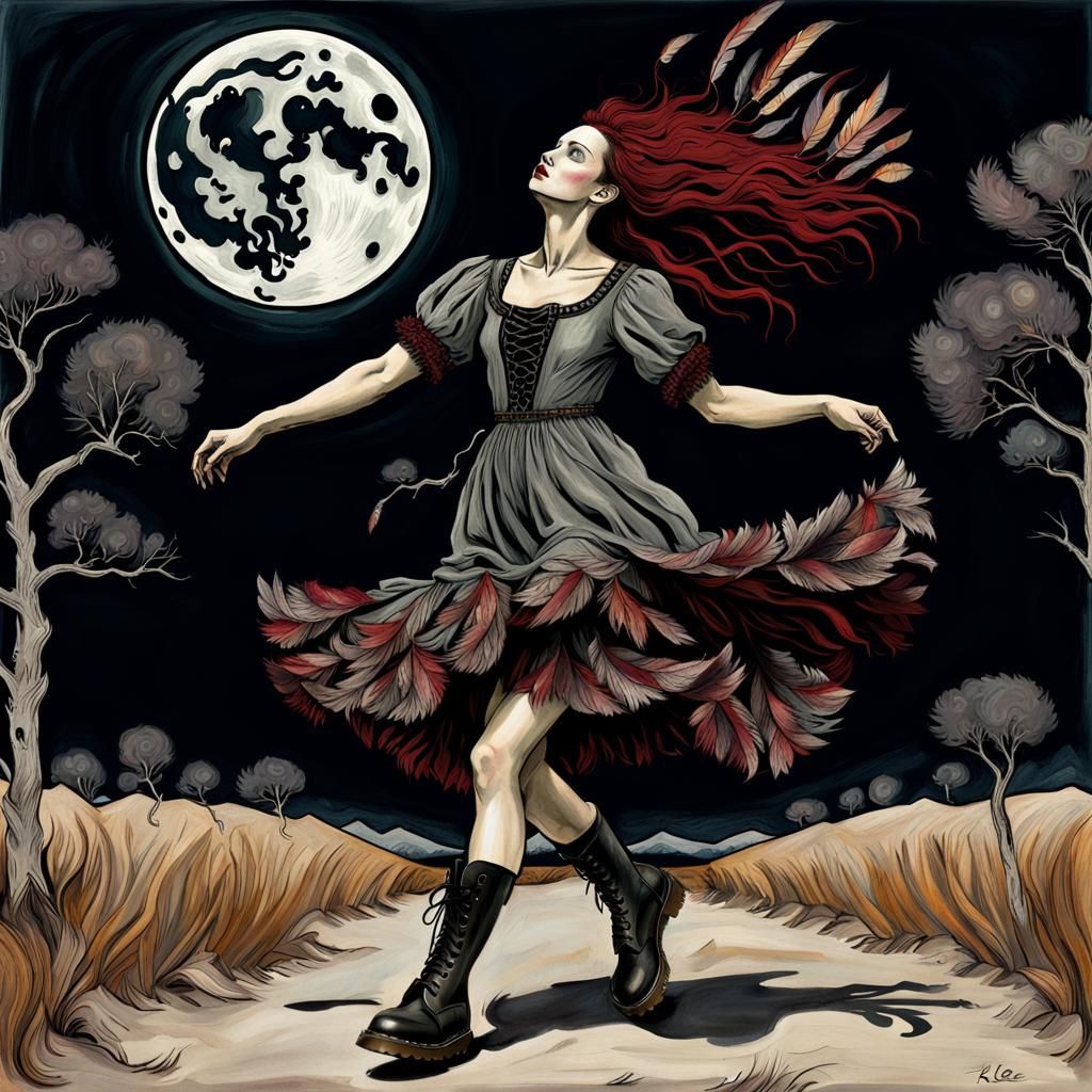 Free Spirit Dancing Under Moon in Ink Print Style