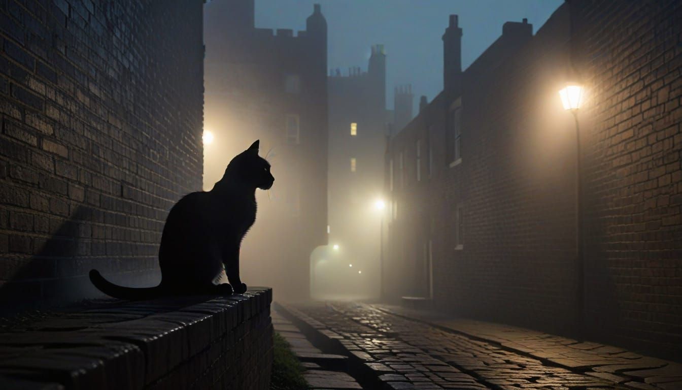 Foggy London Alley Silhouette of a Cat