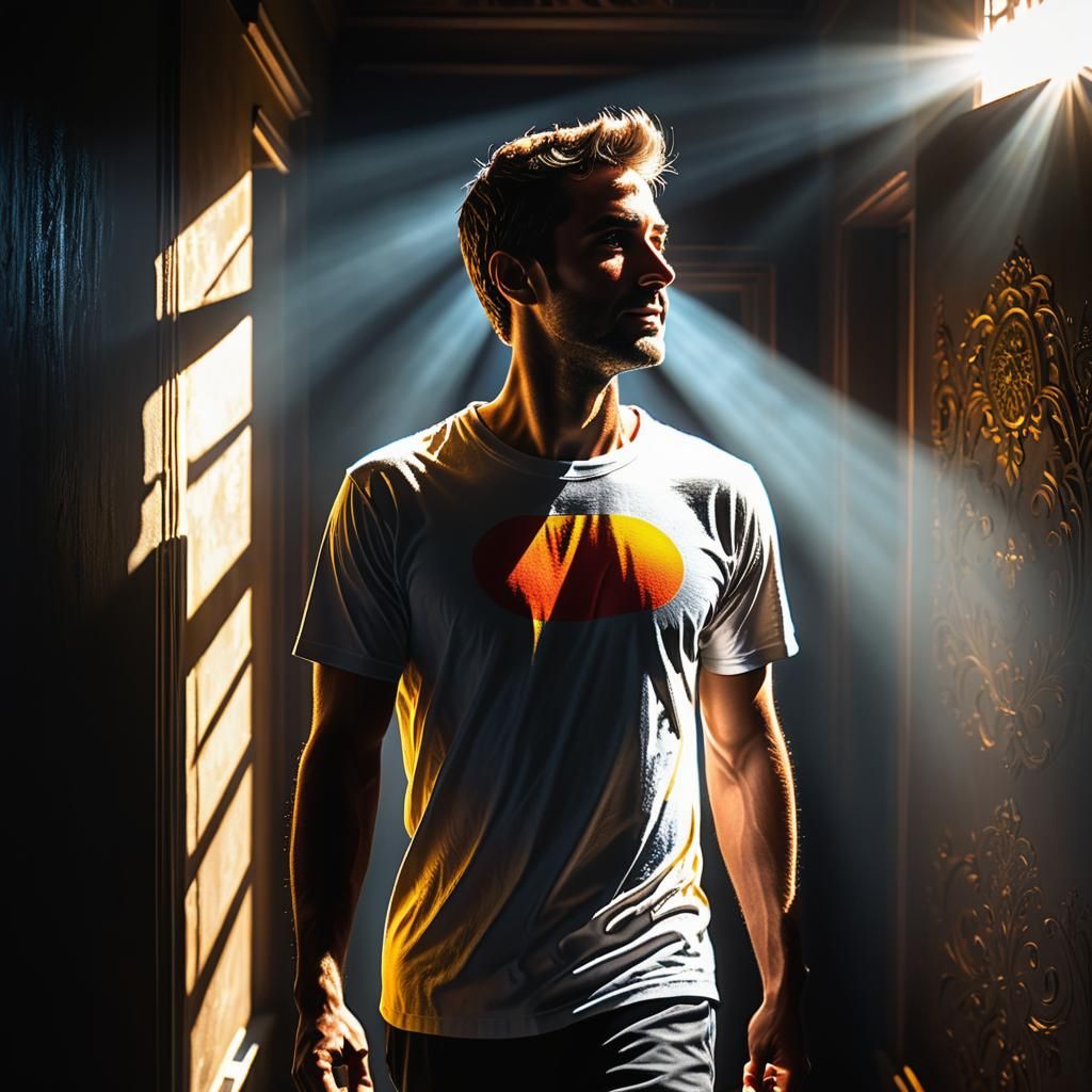 Man Stepping into Sunlight with Dramatic Lighting