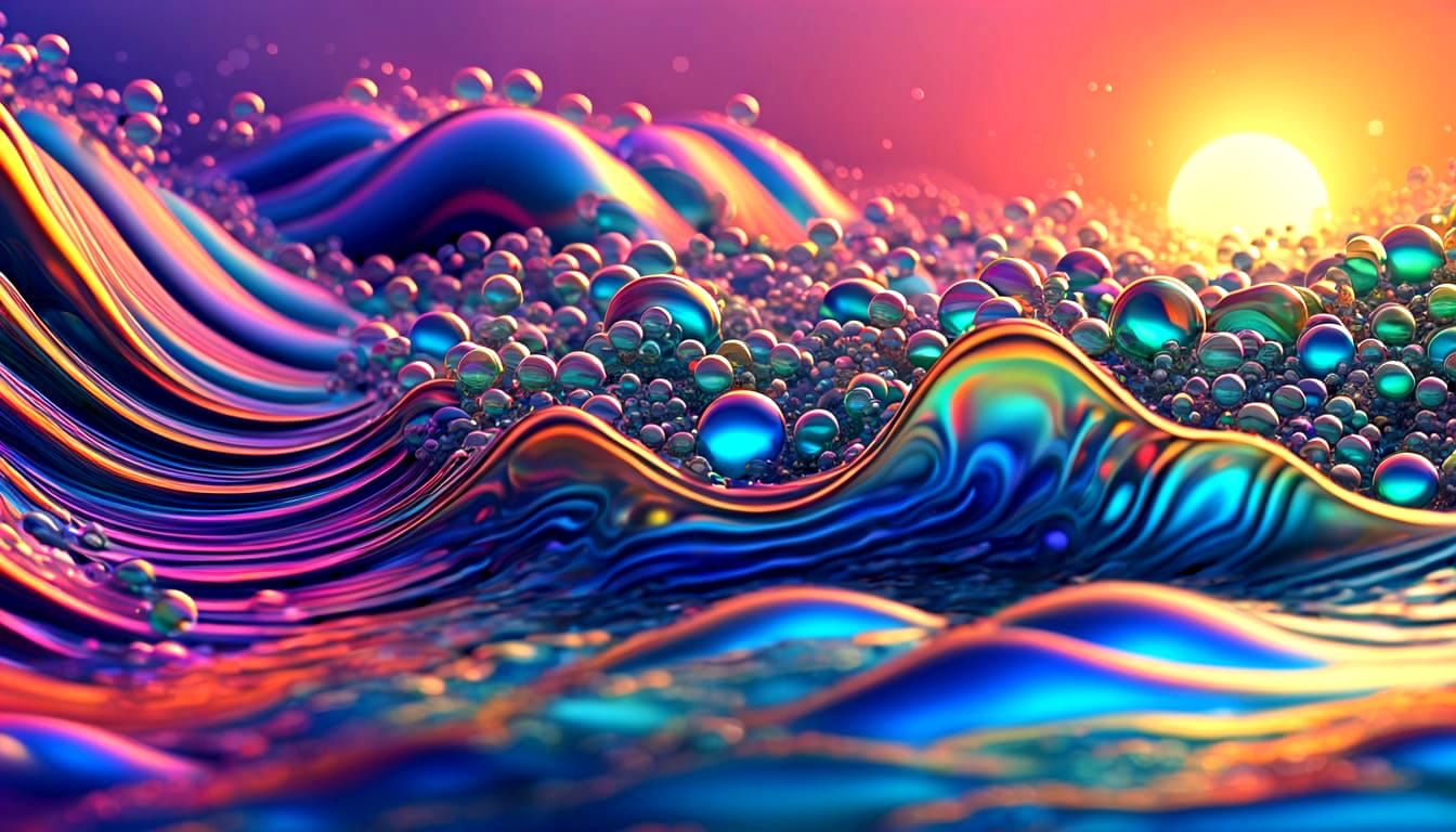 piles of parkling iridescent bubbles floating on the waves o...