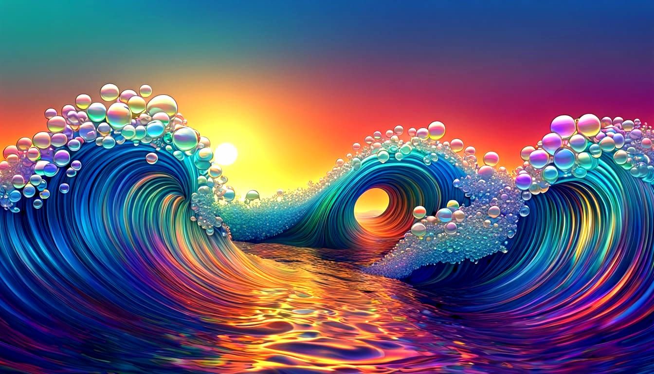 piles of parkling iridescent bubbles floating on the waves of the ocean at sunset