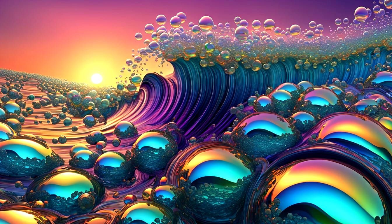 piles of parkling iridescent bubbles floating on the waves o...