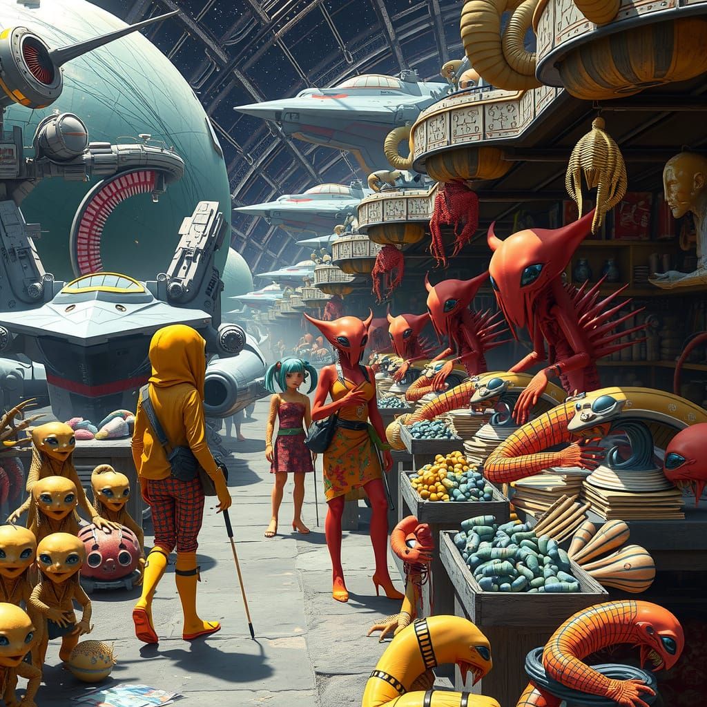 Exotic Alien Market with Spaceships in Futuristic Style