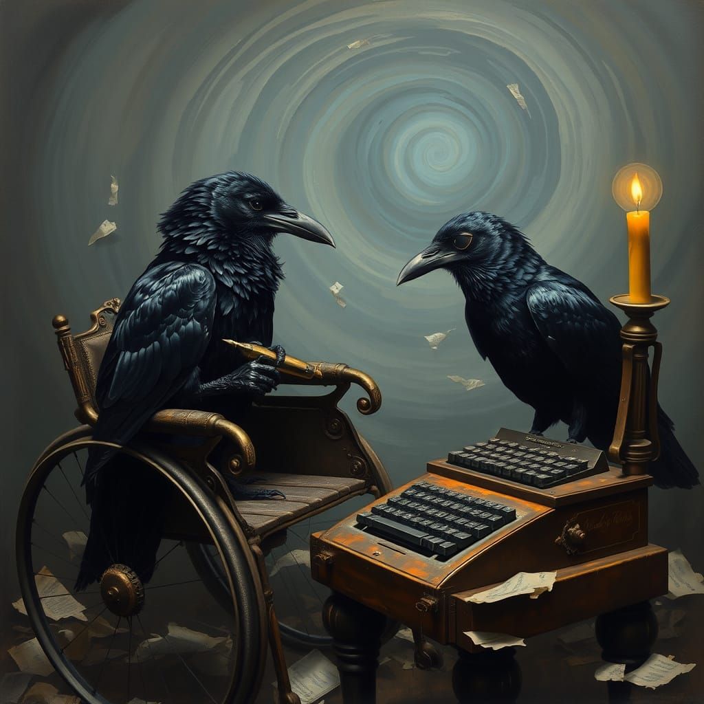 Surreal Ravens in Dreamlike Scene with Vintage Fountain Pen ...