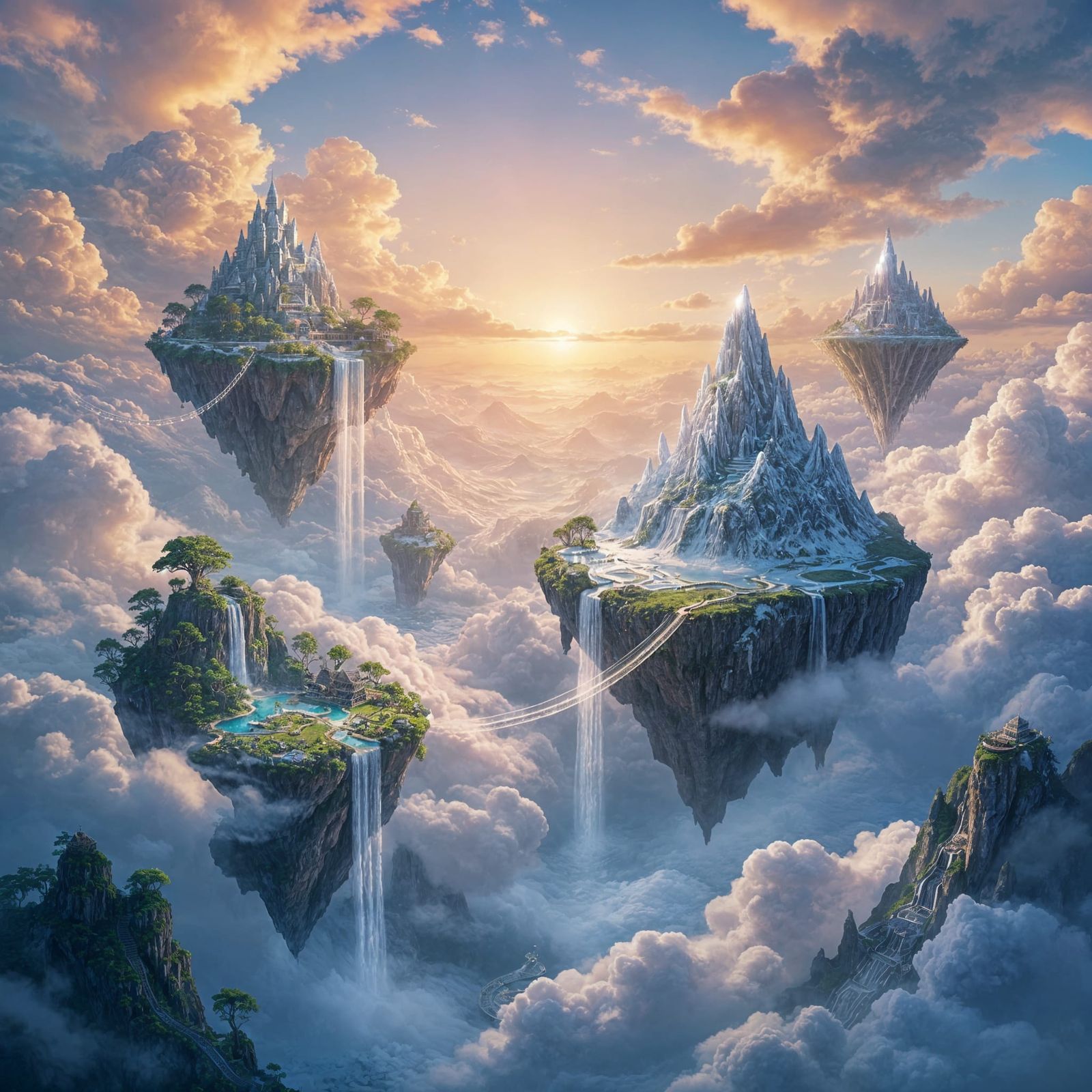 Fantasy Floating Islands in Vibrant Sky Landscape