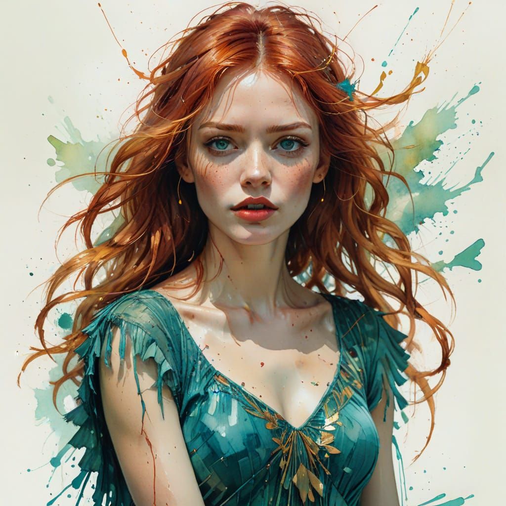 Red-Haired Woman Dancing in Watercolor Style