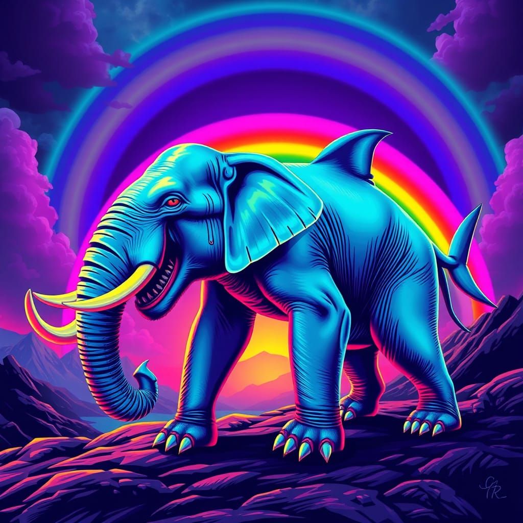 Psychedelic Shark-Elephant-Bear Hybrid in Neon Colors