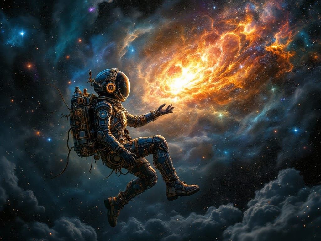 Steampunk Astronaut Drifting in Space