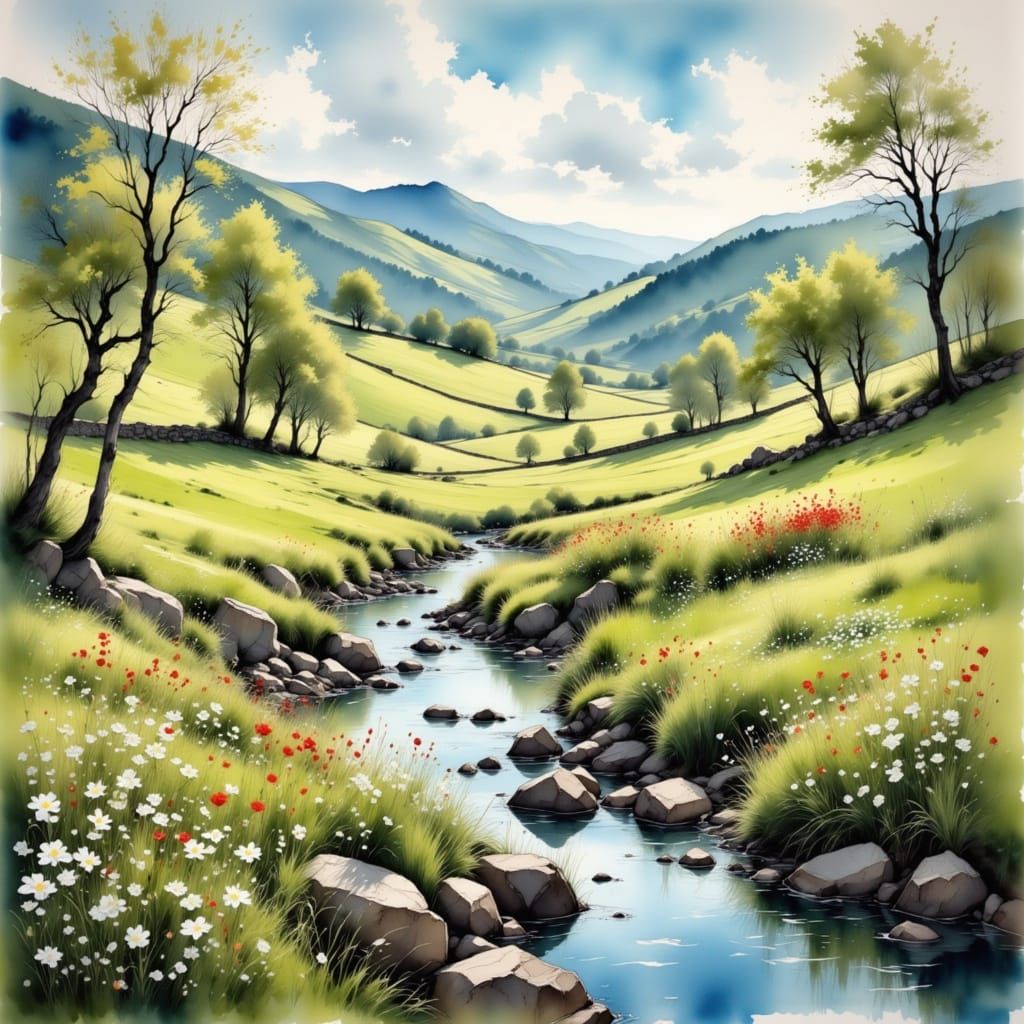 Vibrant Spring Landscape Oil Painting with Wildflowers