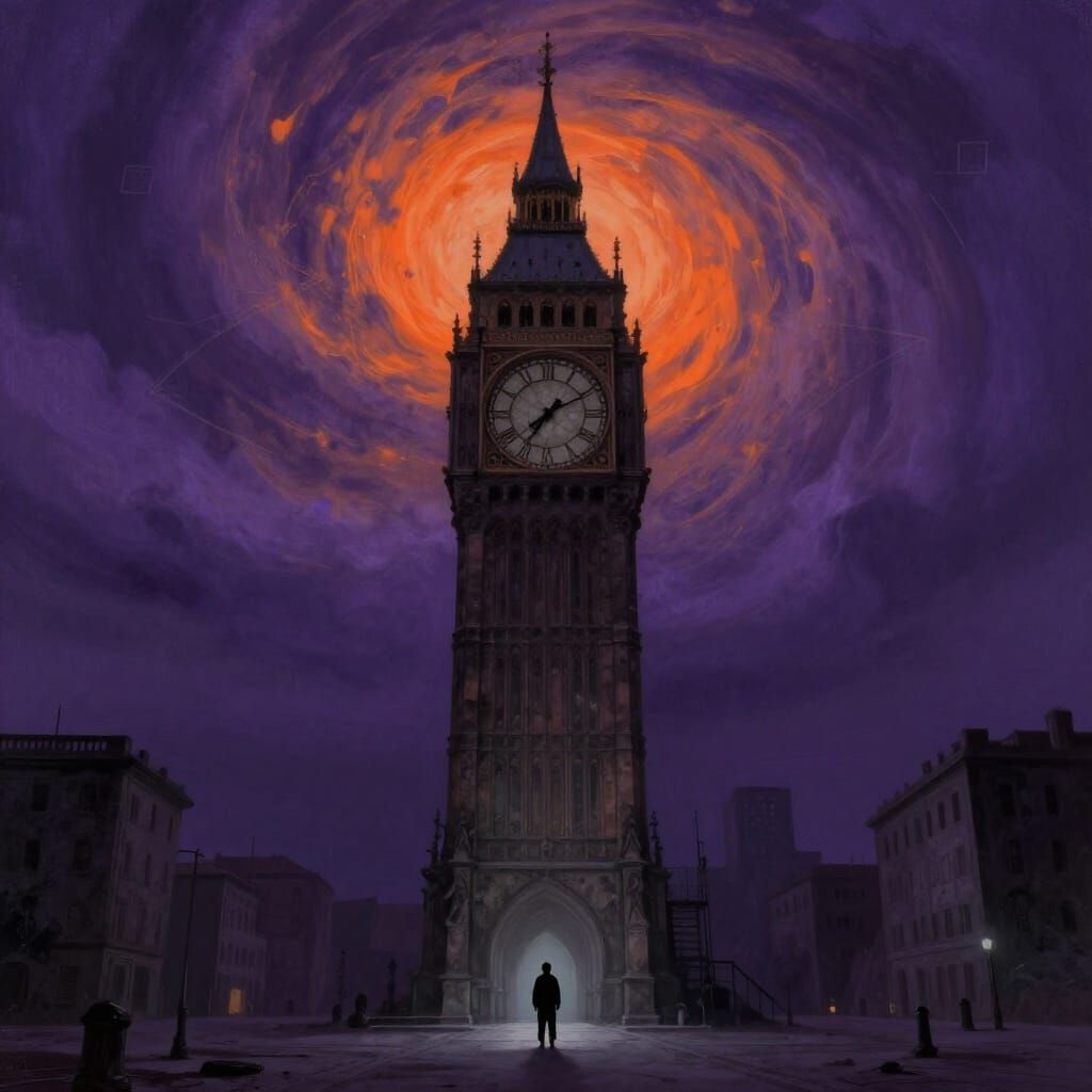 Ancient Clock Tower Under Swirling Cosmic Sky
