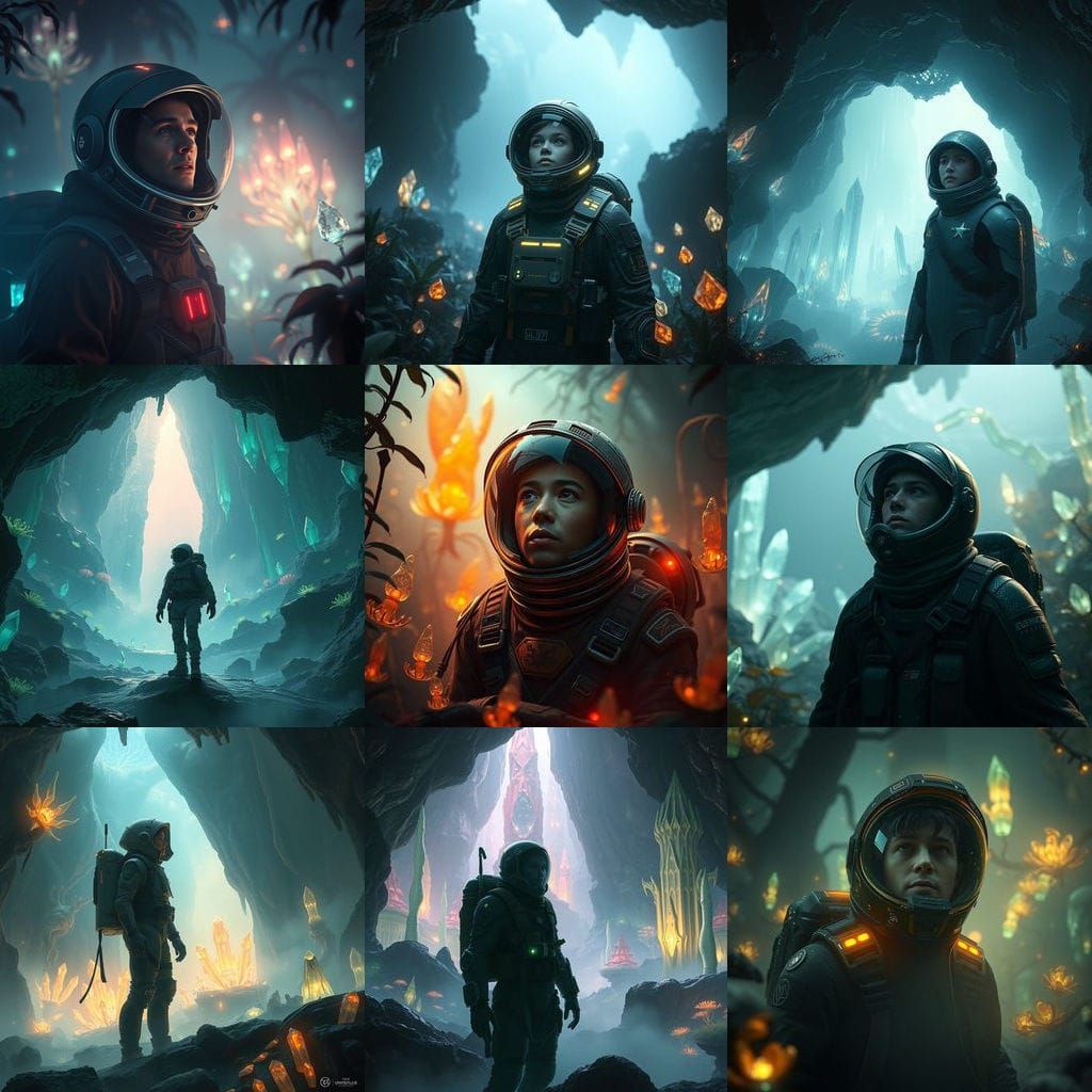 Explorer in Bioluminescent Alien Cave Concept Art