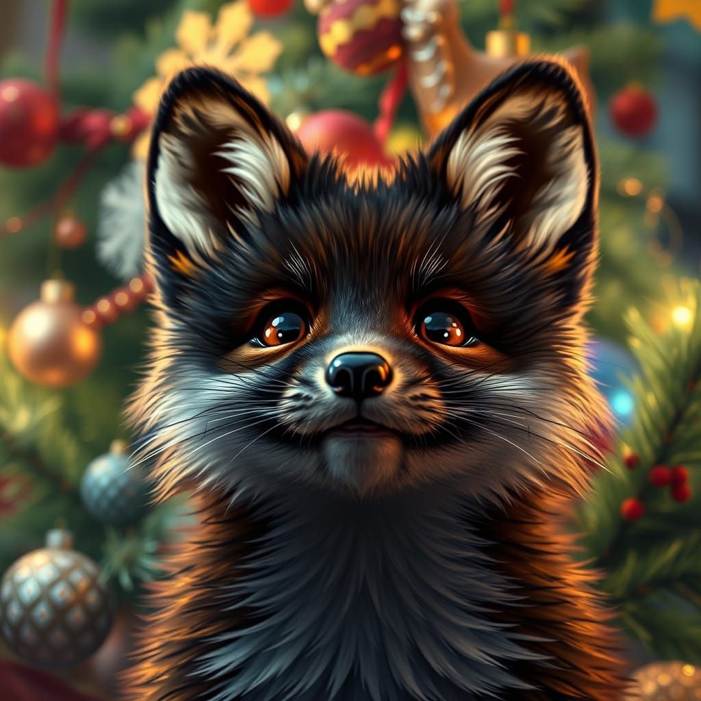 Mysterious Black Fox Cub in Vibrant Winter Wonderland