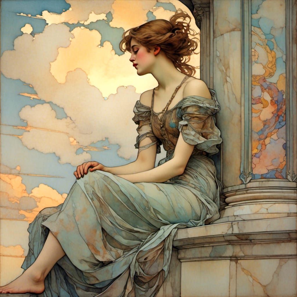 Art Nouveau Woman Gazing at Colorful Clouds