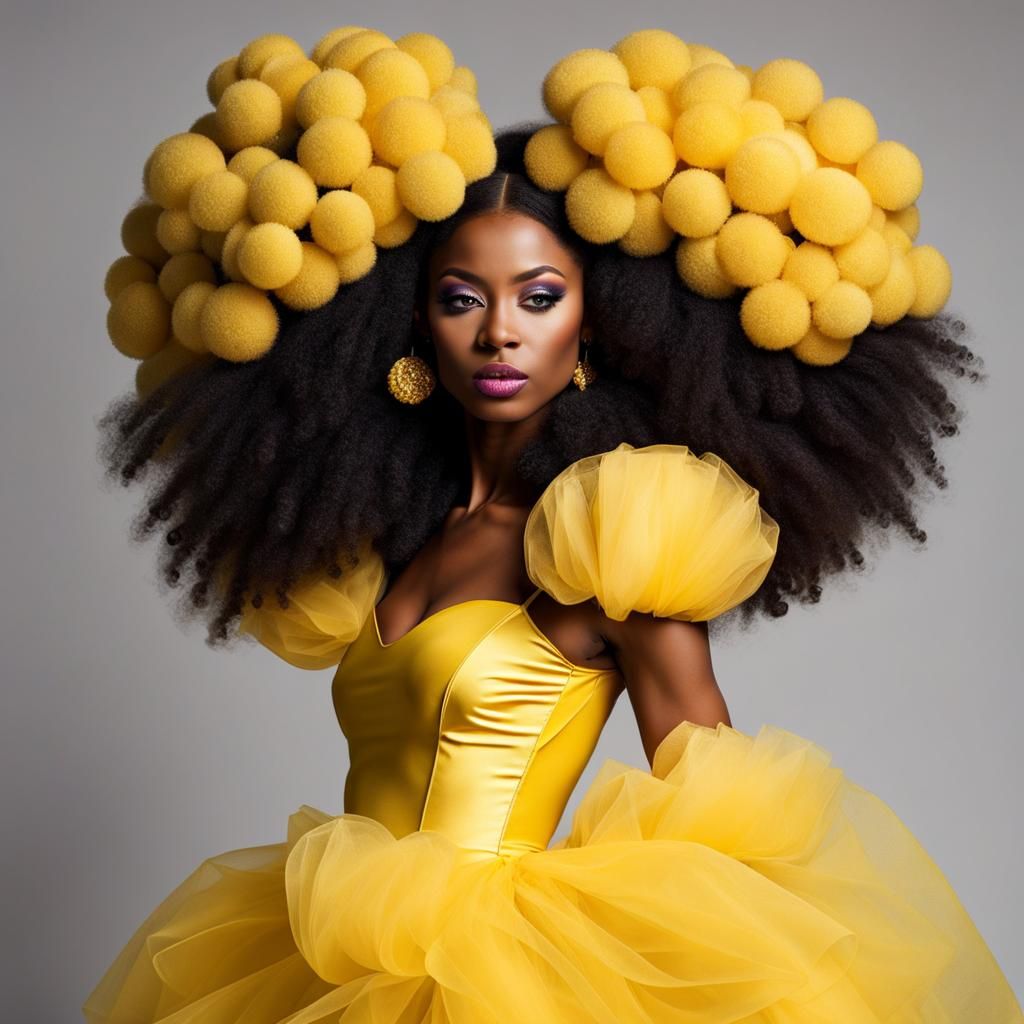 Model in Yellow Afro Puffs and Avant-Garde Gown