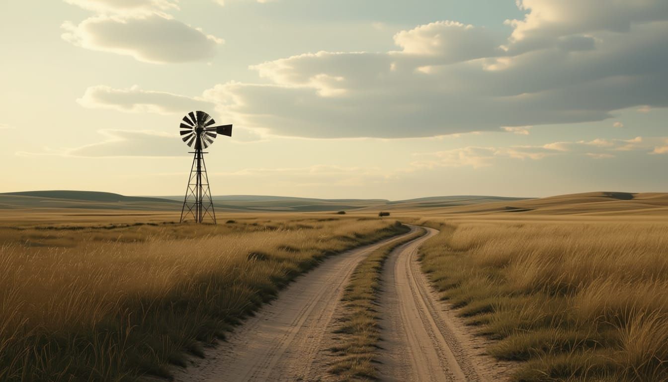 Vintage Prairie Panorama: Dusty Trail and Distant Windmill